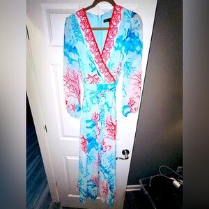 White House Black Market long coral print dress. Size 2
